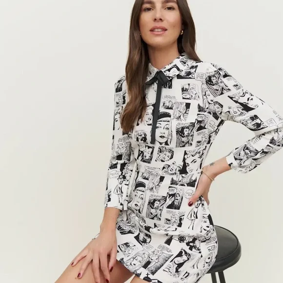 REFORMATION Rocco Dress Comic Print Black and White Dress Size 6 - Picture 1 of 9